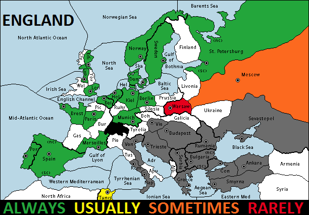 A map displaying the Always-Usually-Sometimes-Rarely information below