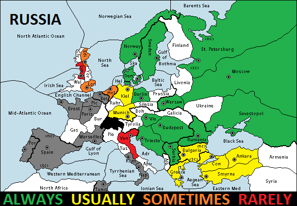 A map displaying the Always-Usually-Sometimes-Rarely information below