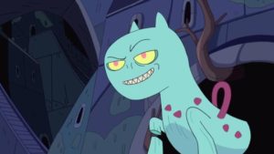 Demon Cat, from the cartoon Adventure Time. He is an enormous, teal cat with his right hand and right foot disattached (but still floating) from his body. He has pinkish eyes, and purple vein-like attachments around his body.