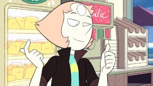 Pearl, from Steven Universe, is wearing a jacket with a popped collar. From her expression, you can tell she thinks she is awesome.
