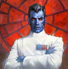 A blue-skinned, red-eyed, masculine figure with red eyes looks at the viewer from in front of a red background. He is Grand Admiral Thrawn, the most famous Star Wars Expanded Universe villain.