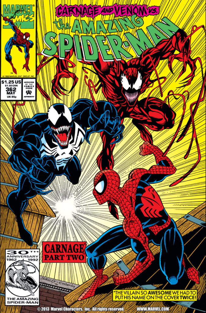 The cover of "The Amazing Spider-Man #362" (1992). Venom and Carnage Leap forward to attack Spider-Man. Venom and Carnage appear similar. Venom is black with white spider logo on his chest. Carnage is red and black with no logo. Carnage has more tendrils of goo, less bulk, and a less-animalistic mouth (he lacks defined teeth and a tongue).