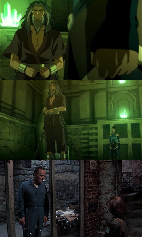 Two shots from "The Legend of Korra" (2012-2014) show Korra consulting with Zaheer in an underground prison. He is chained up. First he faces toward her, then away. In the third scene, from "The Silence of the Lambs" (1991), Hannibal speaks to Clarice from behind a glass prison wall.