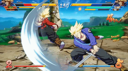 An animated screenshot from the fighting video game "Dragonball FighterZ" (2018). Two players face off against each other, both playing the character Trunks.