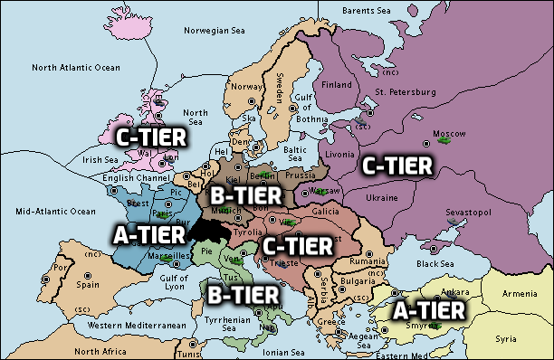 The starting map of Diplomacy, with text superimposed. The text shows the words "A-Tier" superimposed on France and Turkey. The words "B-Tier" are superimposed on Germany and Italy. The words "C-Tier" are superimposed on England, Austria, and Russia.