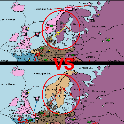 Two images of Diplomacy boards are juxtaposed. One shows Germany allowing Russia to have Sweden, the other shows Germany denying Russia Sweden.