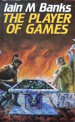 The cover for Ian M. Banks' 1988 Science Fiction novel, "The Player of Games." Two humanoid figures sit across from each other an otherworldly looking table, playing some inscrutable tabletop game in front of a background of fire.