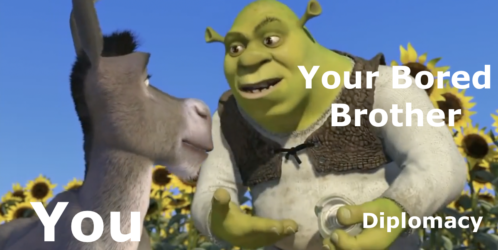 The scene from Shrek (2001) where the title character explains to Donkey that Ogres have layers. He is holding an onion to make his comparison. Text is superimposed labelling Donkey as "You," Shrek as "Your Bored Brother," and the onion as "Diplomacy."