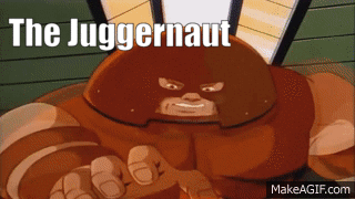 The juggernaut picks up Italy (represented by Prof. X) and throws it out the window.