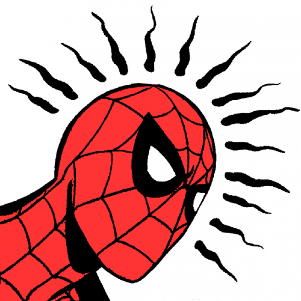 A comic-book style artwork that depicts Spider-man's costumed face. Black lines radiate from his head, letting the viewer know that his spider-sense has detected danger.
