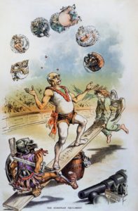 An old political cartoon of Bismarck juggling other countries like they are balls. He looks like a circus performer.