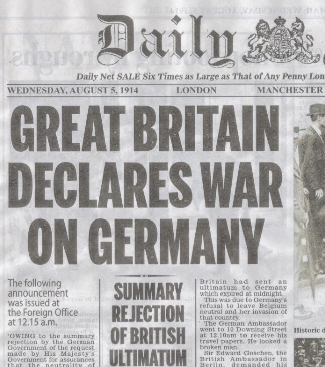 An old newspaper headline that states "Great Britain Declares War on Germany."