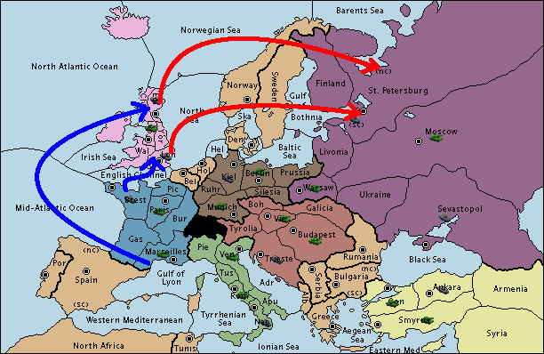 The starting Diplomacy map, but with arrows showing England going for St. Pete and France going for Great Britain.
