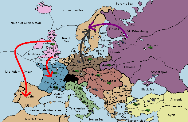 The starting Diplomacy map, but with arrows showing England going for France/Iberia and Germany and Russia going for Scandinavia.
