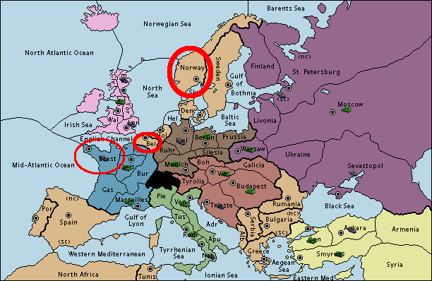 The starting Diplomacy map, with Brest, Belgium and Norway circled.