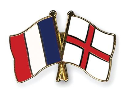 A pin that depicts the flags of France and England (England, not the UK) side by side.
