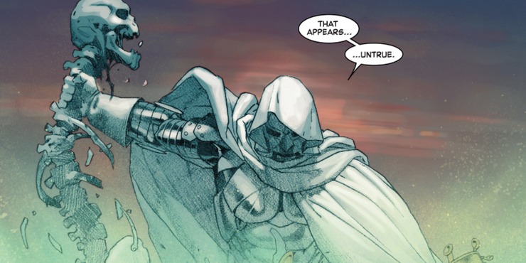 Dr. Doom skeletonizes Thanos in a scene from the Secret Wars reboot.