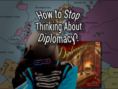 BroBot rubs his head in thought in front of a Diplomacy box and game board