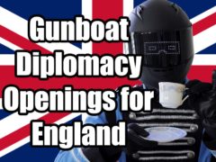 BroBot sips tea in front of the Union Jack. The caption says "Gunboat Diplomacy Openings for England."