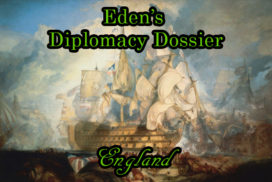 A painting of a boat at the Battle of Trafalgar. Text: Eden's Diplomacy Dossier, England